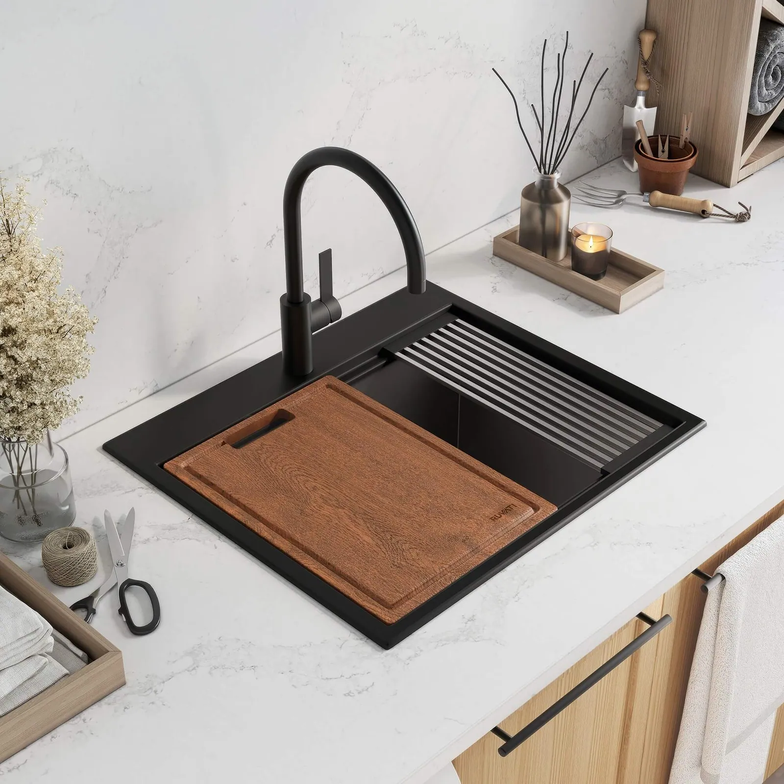 Ruvati 25-inch epiRock Workstation Charcoal Black Topmount Laundry Sink