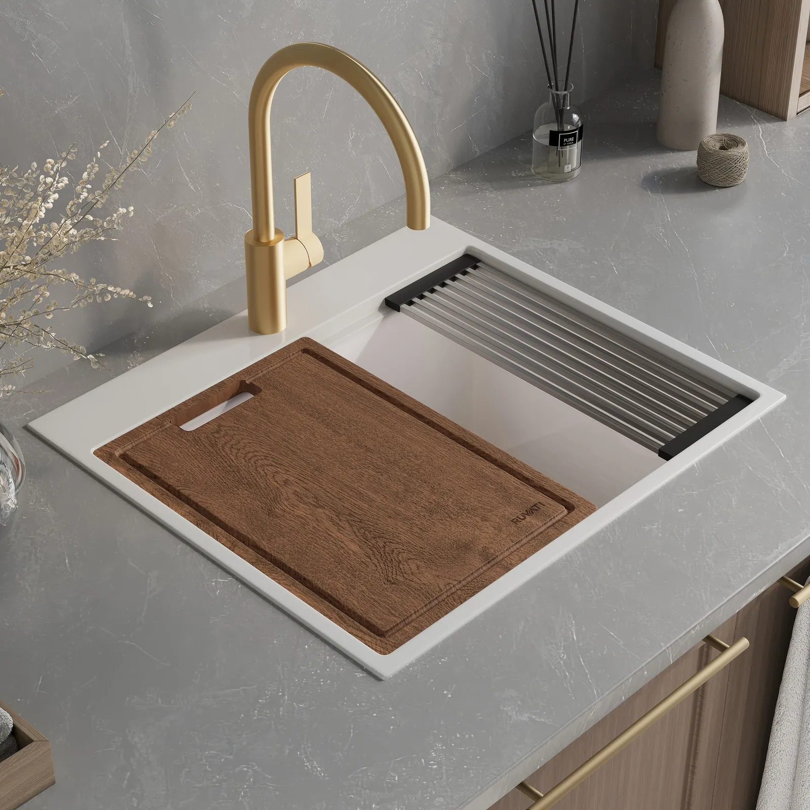 Ruvati 25-inch epiRock Workstation Warm White Topmount Laundry Sink