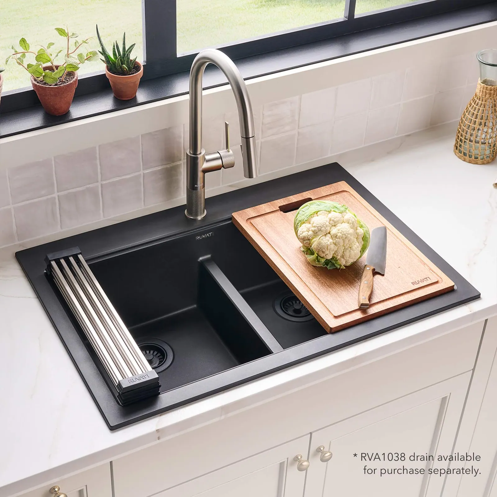 Ruvati 33-inch Drop-in Topmount Workstation 50/50 Double Bowl Granite Composite Quartz Kitchen Sink – Midnight Black