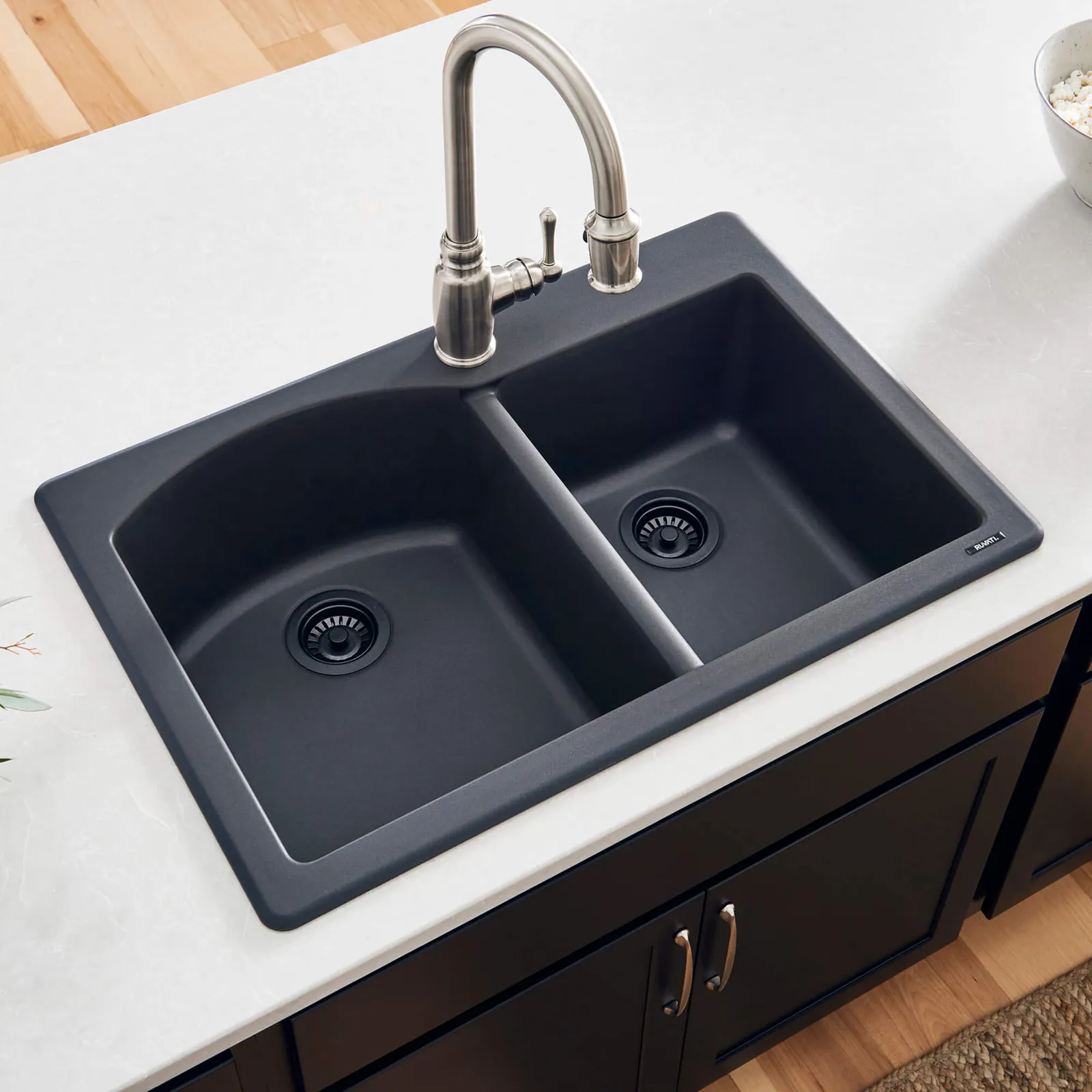 Ruvati 33 x 22 inch epiGranite Drop-in Topmount Granite Composite Quartz Double Bowl Kitchen Sink – Midnight Black