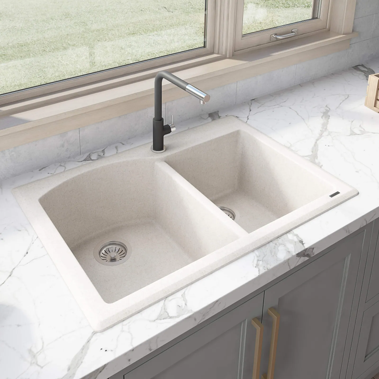 Ruvati 33 x 22 inch epiGranite Drop-in Topmount Granite Composite Quartz Double Bowl Kitchen Sink – Caribbean Sand