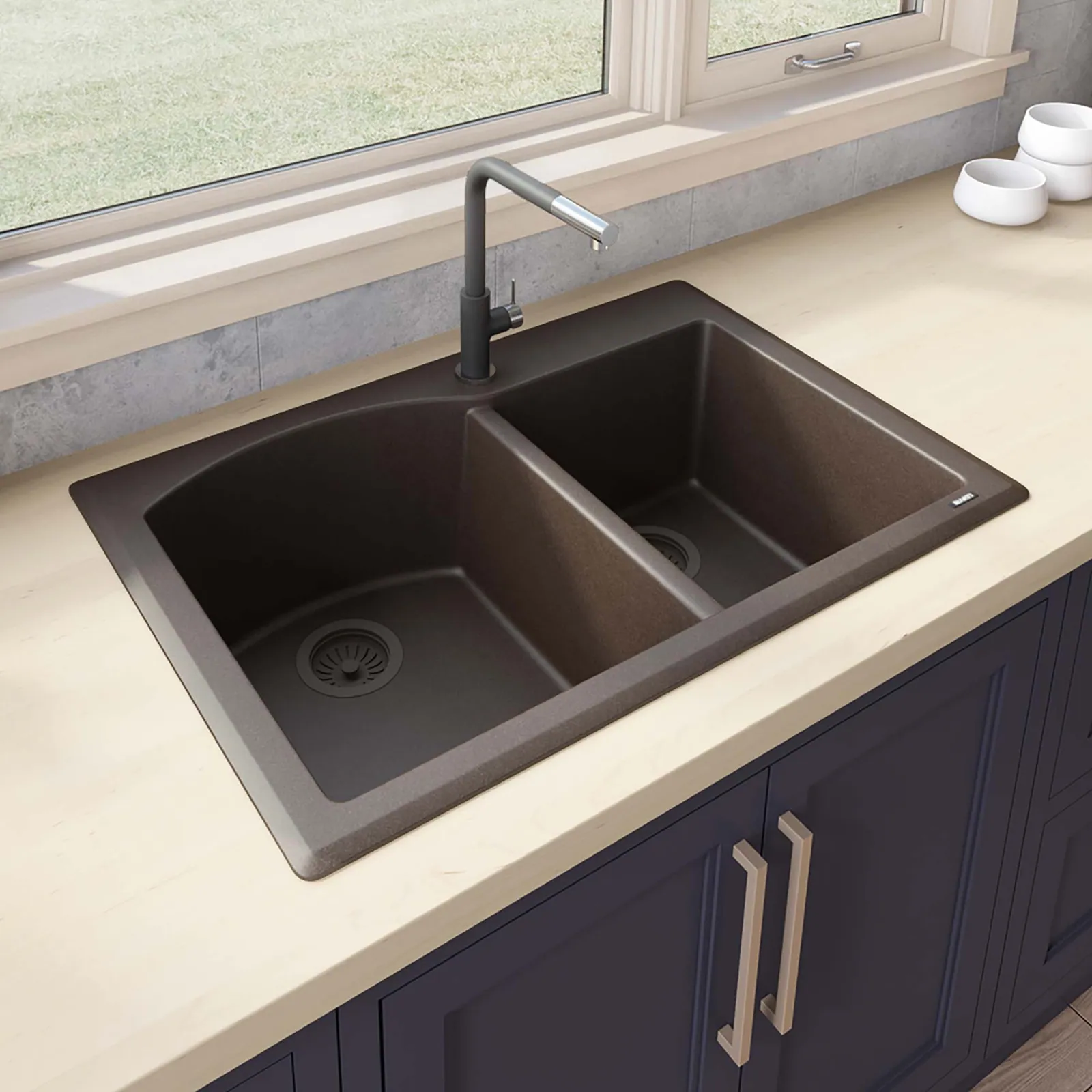 Ruvati 33 x 22 inch epiGranite Drop-in Topmount Granite Composite Quartz Double Bowl Kitchen Sink – Espresso Brown