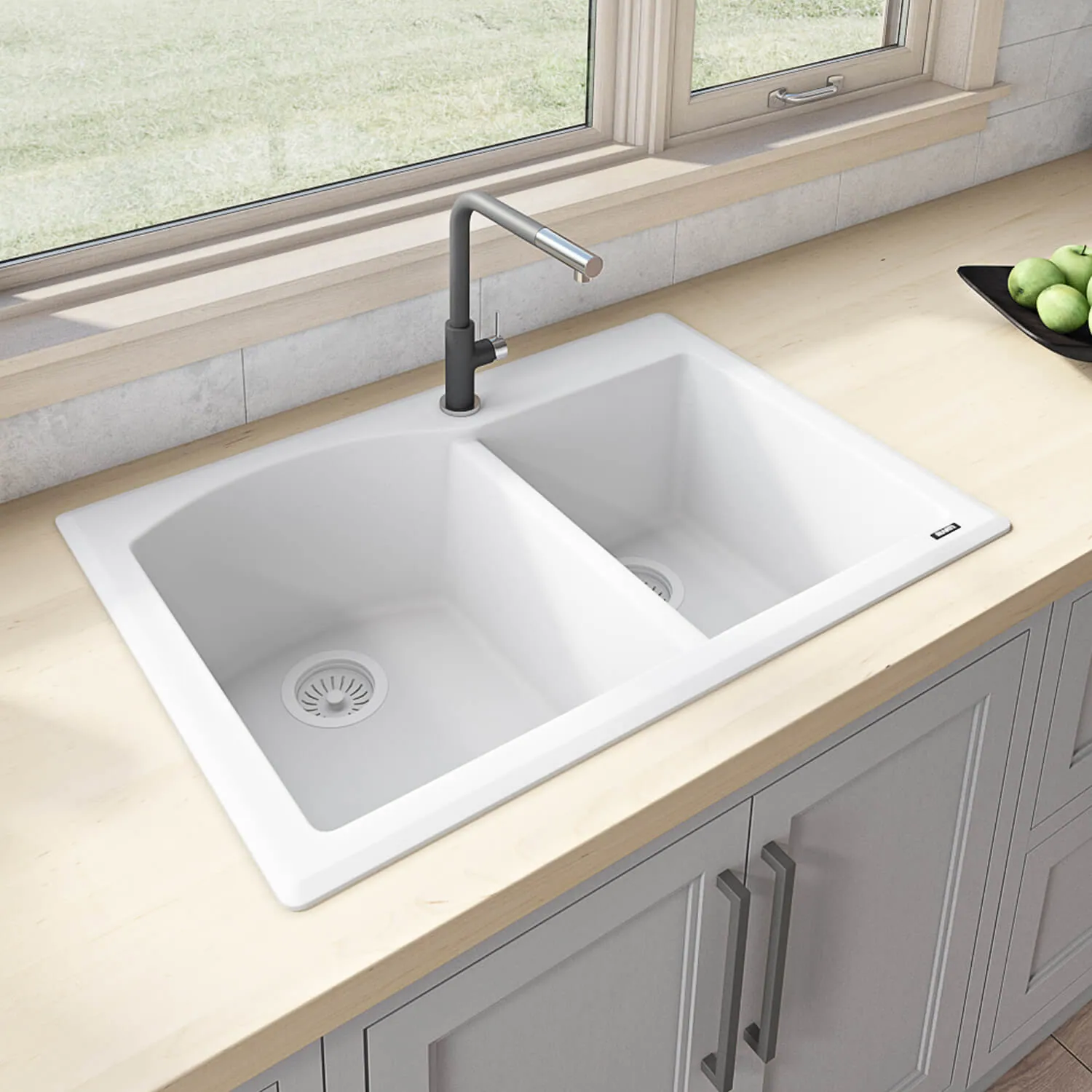 Ruvati 33 x 22 inch epiGranite Drop-in Topmount Granite Composite Quartz Double Bowl Kitchen Sink – Arctic White Matte