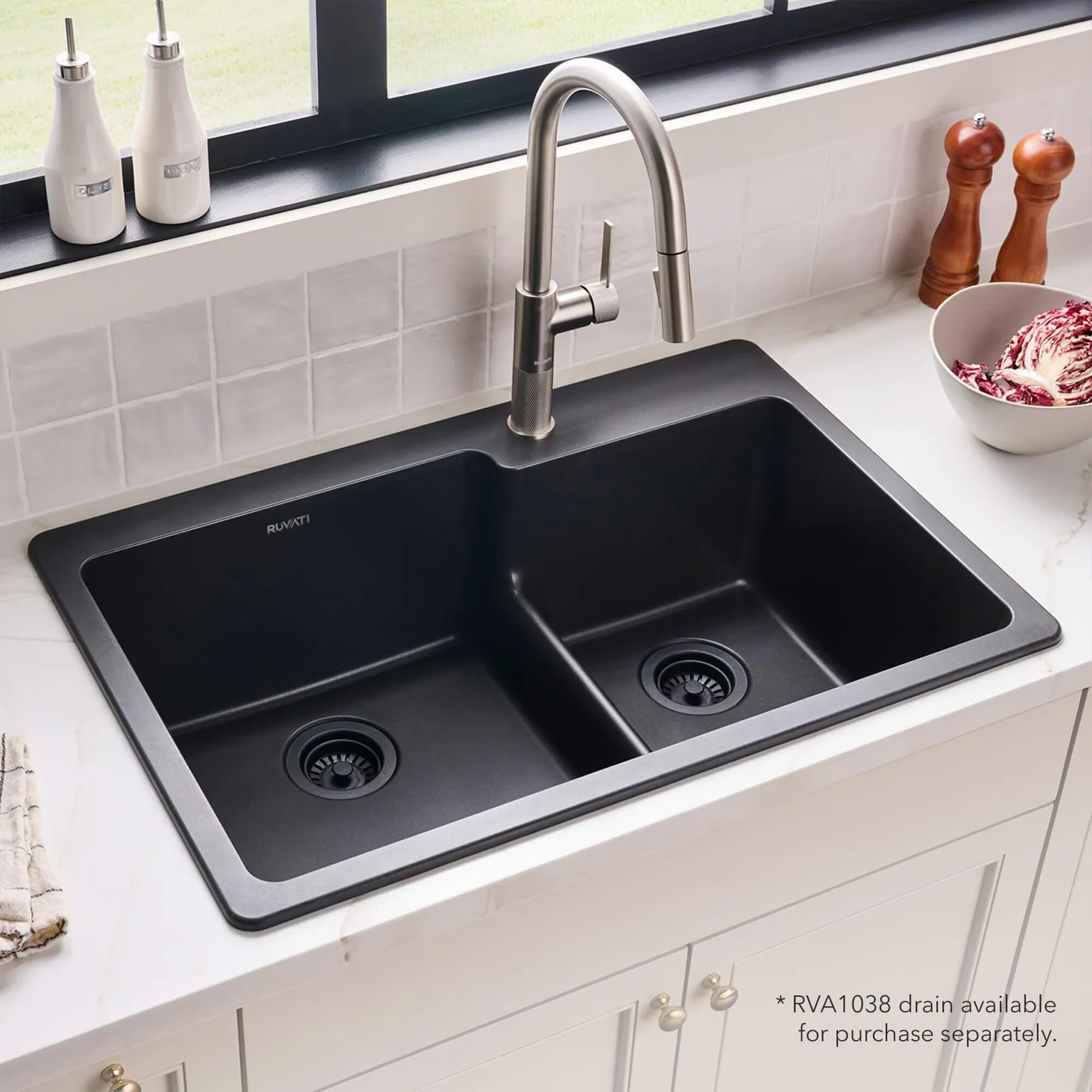 Ruvati 33 x 22 inch epiGranite Drop-in Topmount Granite Composite Quartz Double Bowl Kitchen Sink – Midnight Black