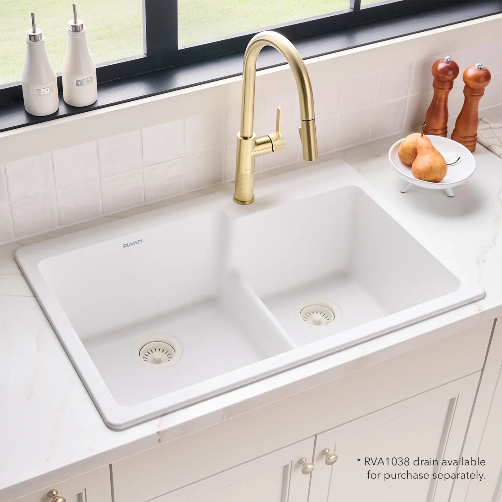 Ruvati 33 x 22 inch epiGranite Drop-in Topmount Granite Composite Quartz Double Bowl Kitchen Sink – Arctic White Matte