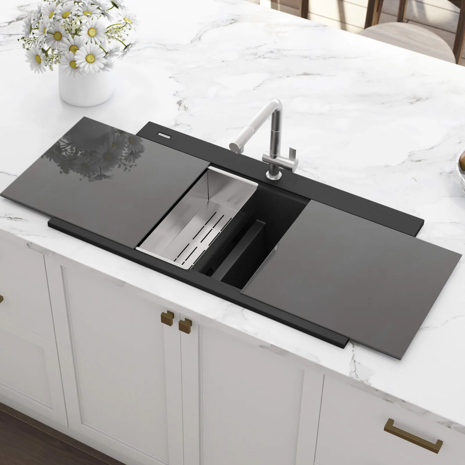 Ruvati 34 inch epiGranite Drop-in Topmount Workstation Ledge Granite Composite Quartz Kitchen Sink – Midnight Black
