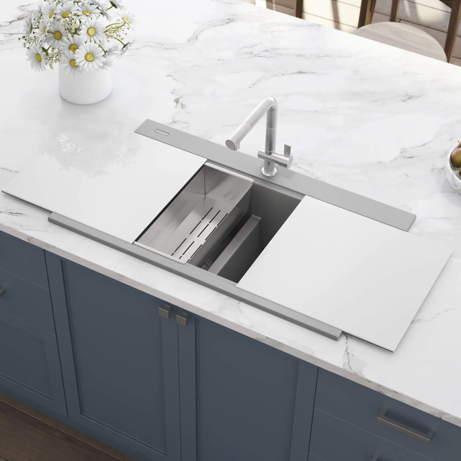 Ruvati 34 inch epiGranite Drop-in Topmount Workstation Ledge Granite Composite Quartz Kitchen Sink – Silver Gray