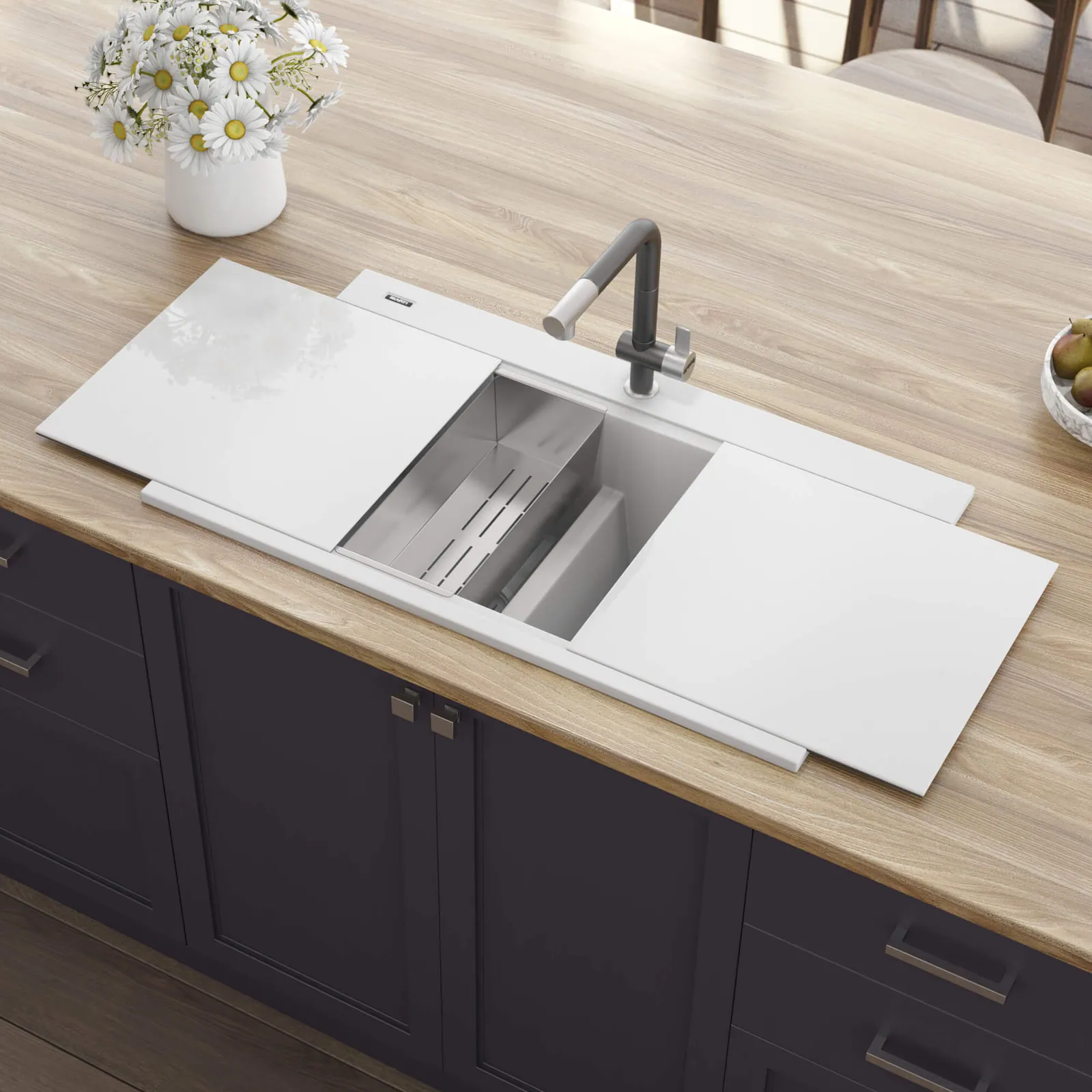 Ruvati 34 inch epiGranite Drop-in Topmount Workstation Ledge Granite Composite Quartz Kitchen Sink – Arctic White Matte