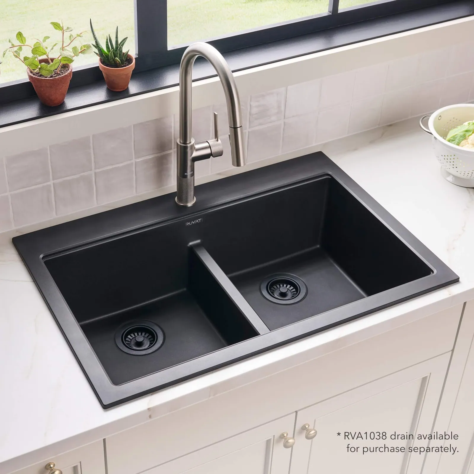 Ruvati 33 x 22 inch epiGranite Drop-in TopMount Granite Composite Quartz Double Bowl Low Divide Kitchen Sink – Midnight Black