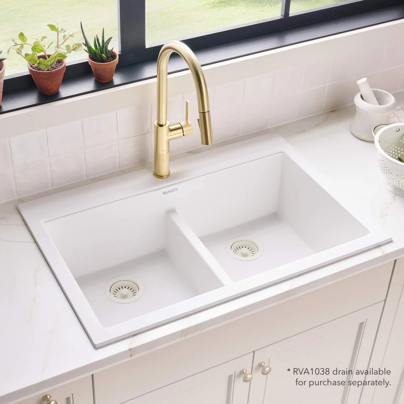 Ruvati 33 x 22 inch epiGranite Drop-in TopMount Granite Composite Quartz Double Bowl Low Divide Kitchen Sink – Arctic White Matte
