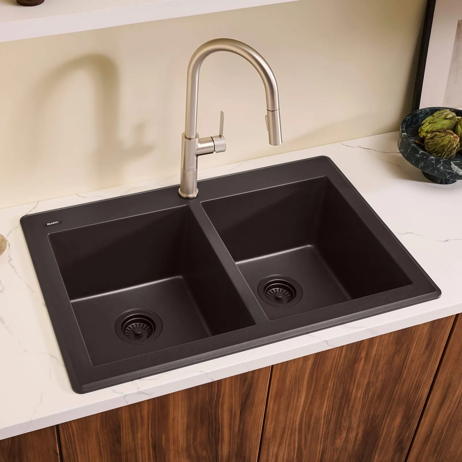 Ruvati 33 x 22 inch epiGranite Drop-in Topmount Granite Composite Quartz Double Bowl Kitchen Sink – Midnight Black