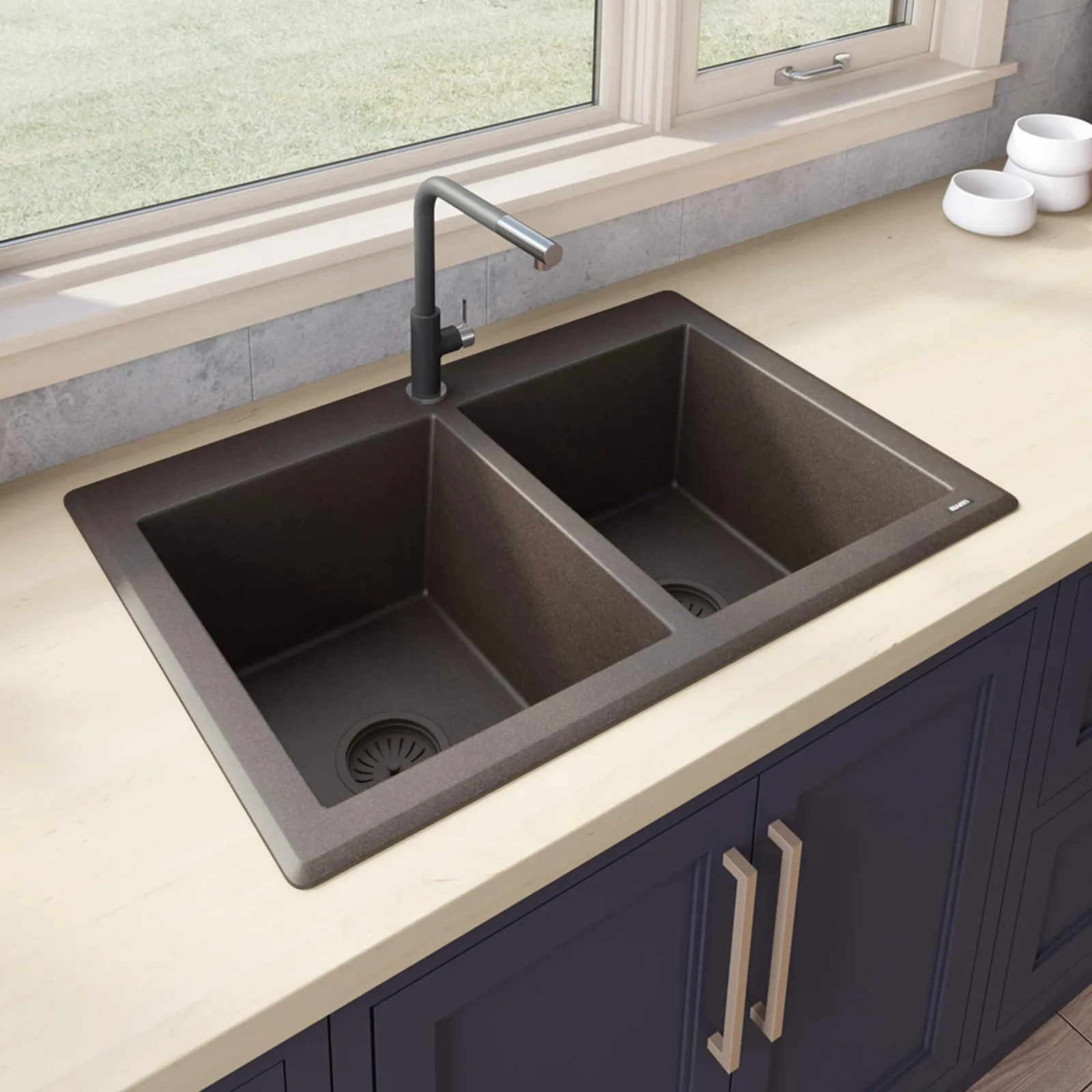 Ruvati 33 x 22 inch epiGranite Drop-in Topmount Granite Composite Quartz Double Bowl Kitchen Sink – Espresso Brown