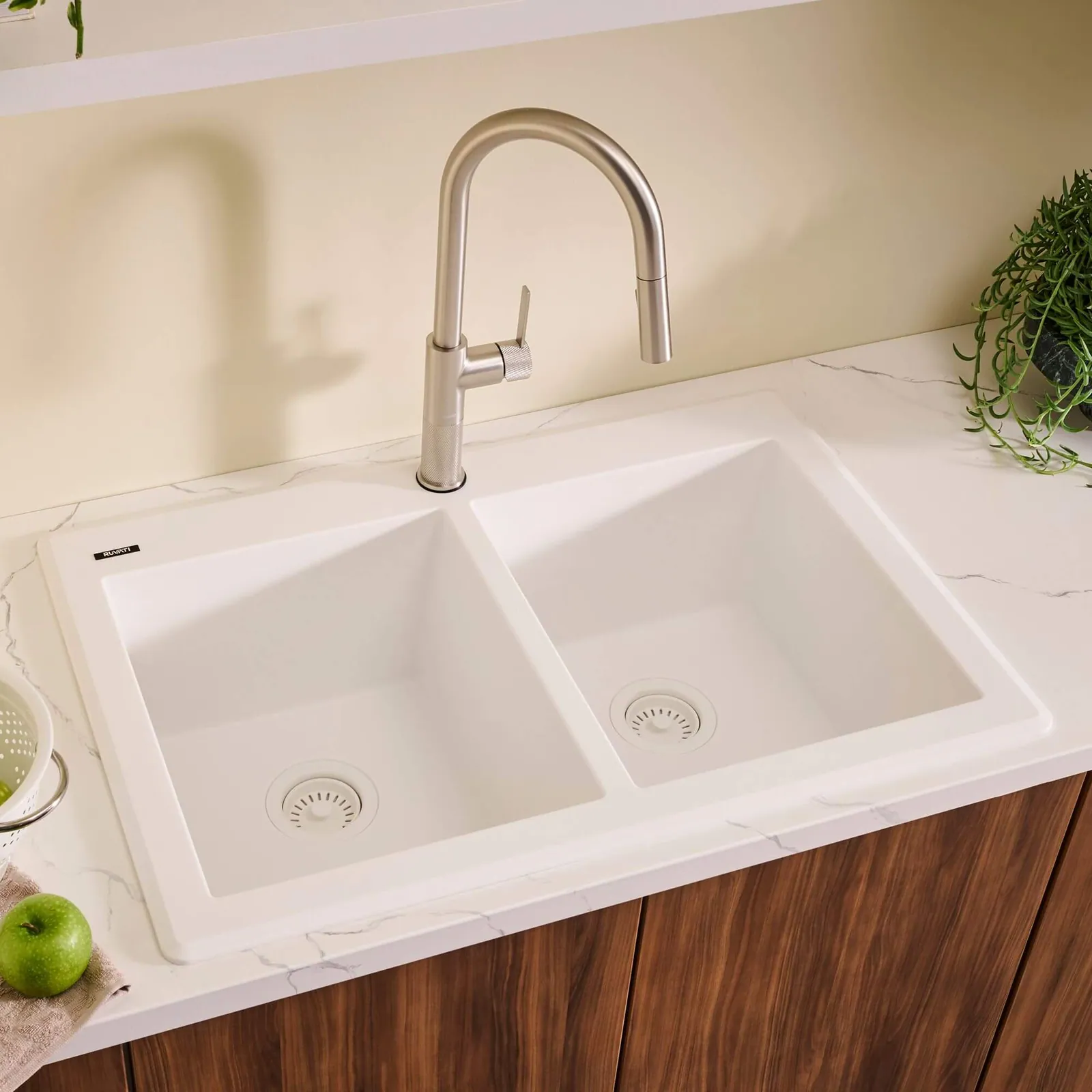 Ruvati 33 x 22 inch epiGranite Drop-in Topmount Granite Composite Quartz Double Bowl Kitchen Sink – Arctic White Matte