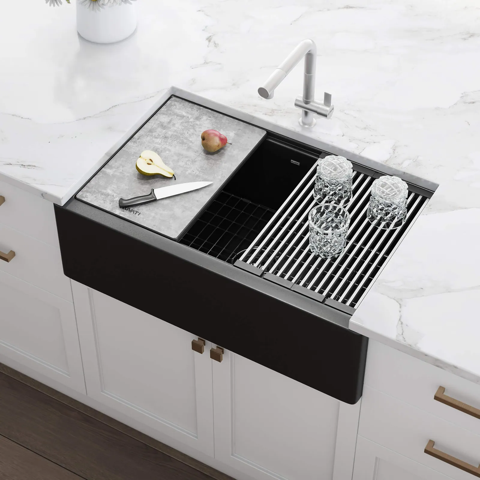 Ruvati 33-inch Matte Black Farmhouse Granite Composite Quartz Workstation Apron-front Kitchen Sink