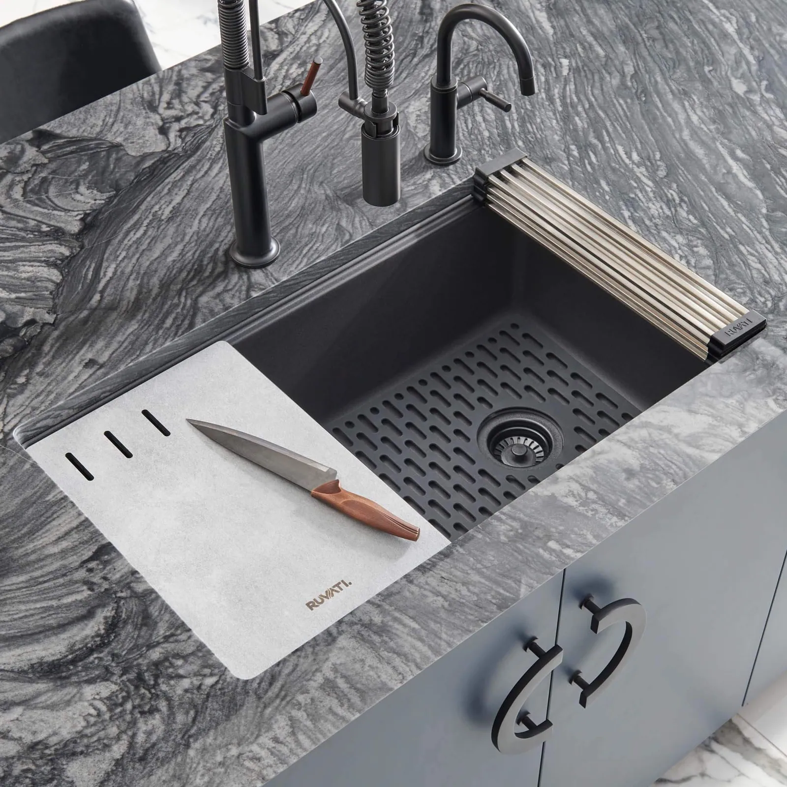 Ruvati 33-inch Undermount Workstation Granite Composite Quartz Kitchen Sink Matte Black