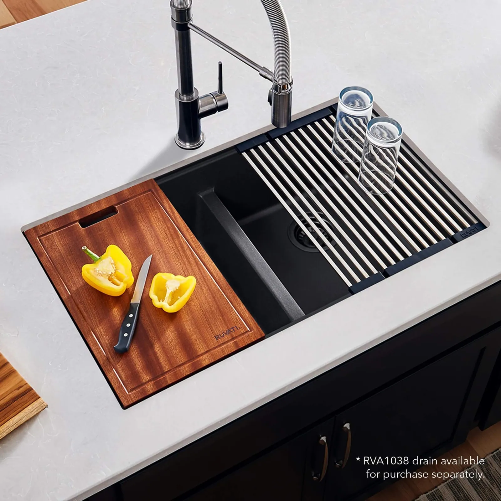 Ruvati 32-inch Undermount Workstation Granite Composite Quartz Kitchen Sink 50/50 Double Bowl – Midnight Black