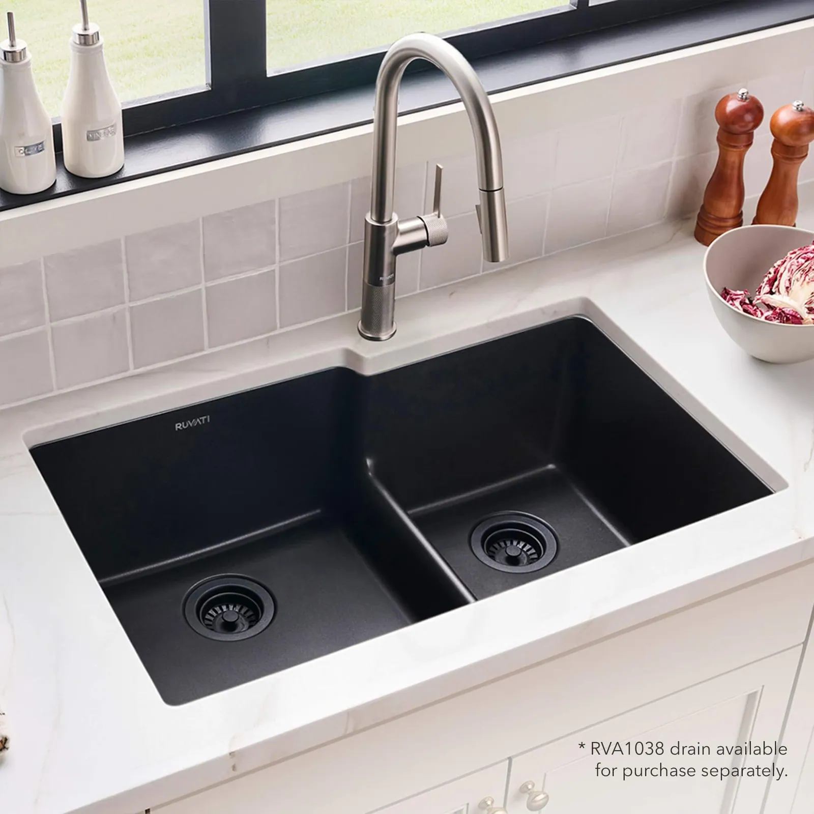 Ruvati 33 x 20 inch Granite Composite Quartz Undermount Double Bowl Kitchen Sink – Midnight Black