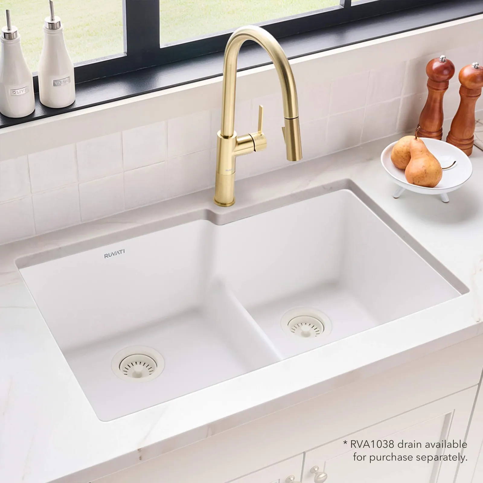Ruvati 33 x 20 inch Granite Composite Quartz Undermount Double Bowl Kitchen Sink – Arctic White Matte