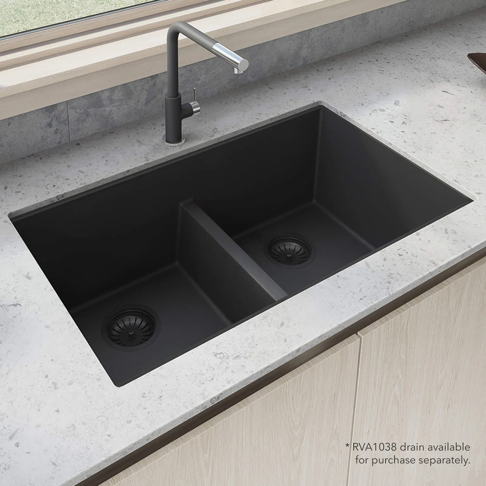 Ruvati 33 x 19 inch Granite Composite Quartz Undermount Low Divide Double Bowl Kitchen Sink – Midnight Black