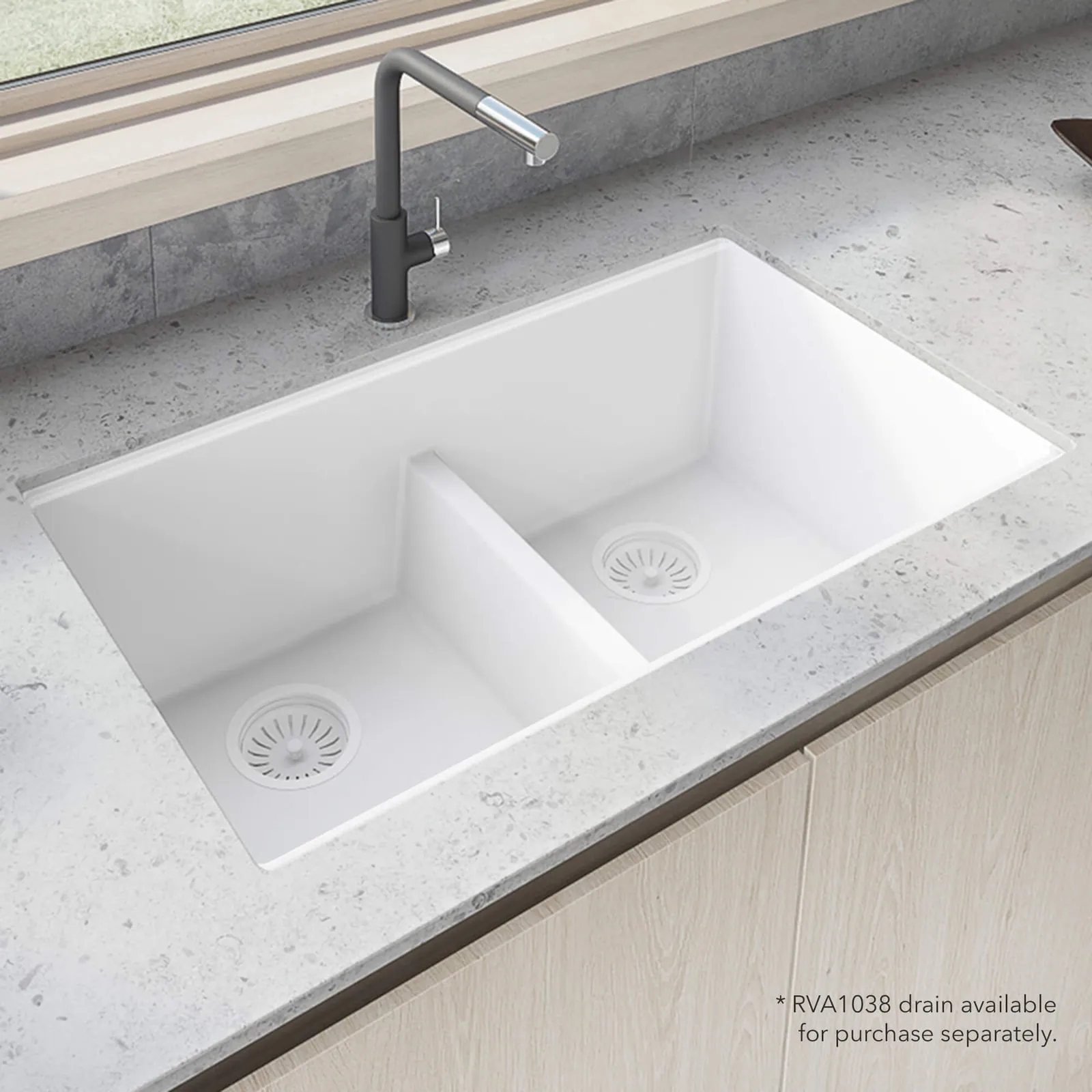 Ruvati 33 x 19 inch Granite Composite Quartz Undermount Double Bowl Low Divide Kitchen Sink – Arctic White Matte