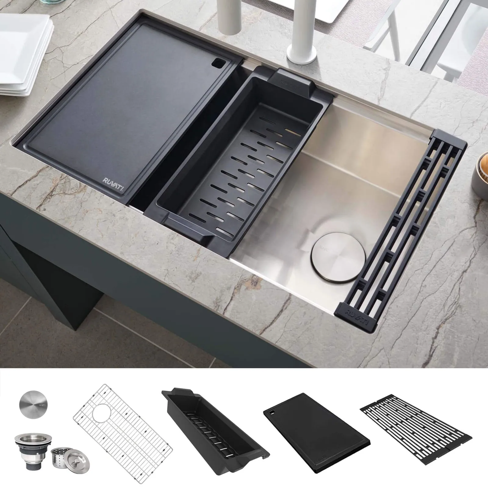 Ruvati 30-inch Workstation Slope Bottom Offset Drain Undermount 16 Gauge Kitchen Sink