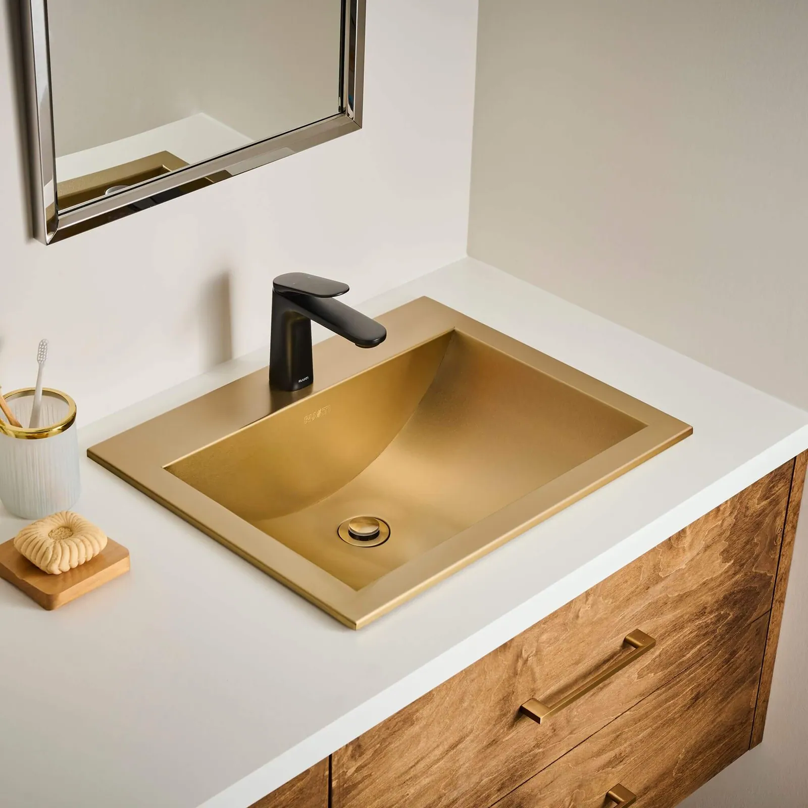 Ruvati 21 x 17 inch Brushed Gold Drop-in Topmount Bathroom Sink Stainless Steel