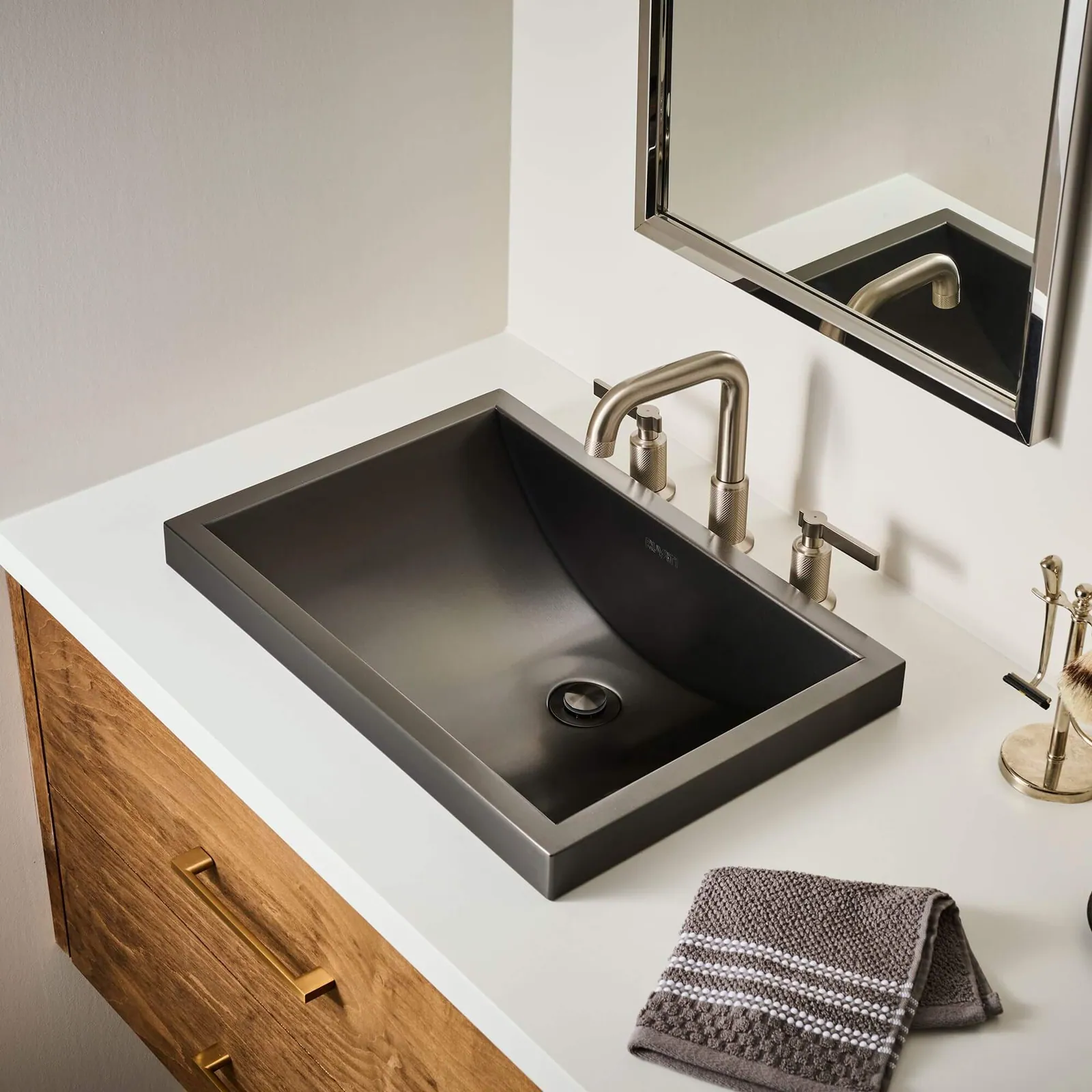 Ruvati 20 x 14 inch Semi-Recessed Drop-in Topmount Gunmetal Black Stainless Steel Rectangular Bathroom Sink