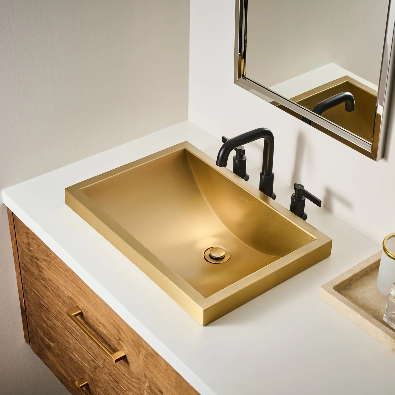 Ruvati 20 x 14 inch Semi-Recessed Drop-in Topmount Brushed Gold Rectangular Bathroom Sink