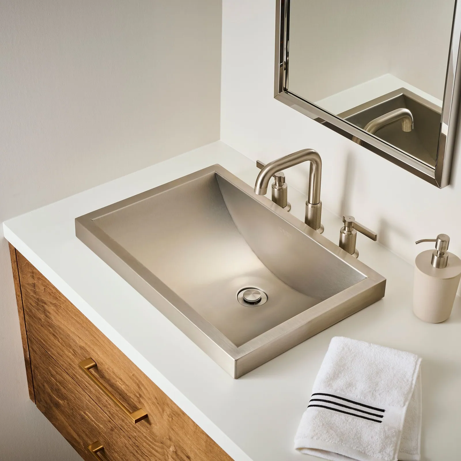 Ruvati 20 x 14 inch Semi-Recessed Drop-in Topmount Brushed Stainless Steel Rectangular Bathroom Sink