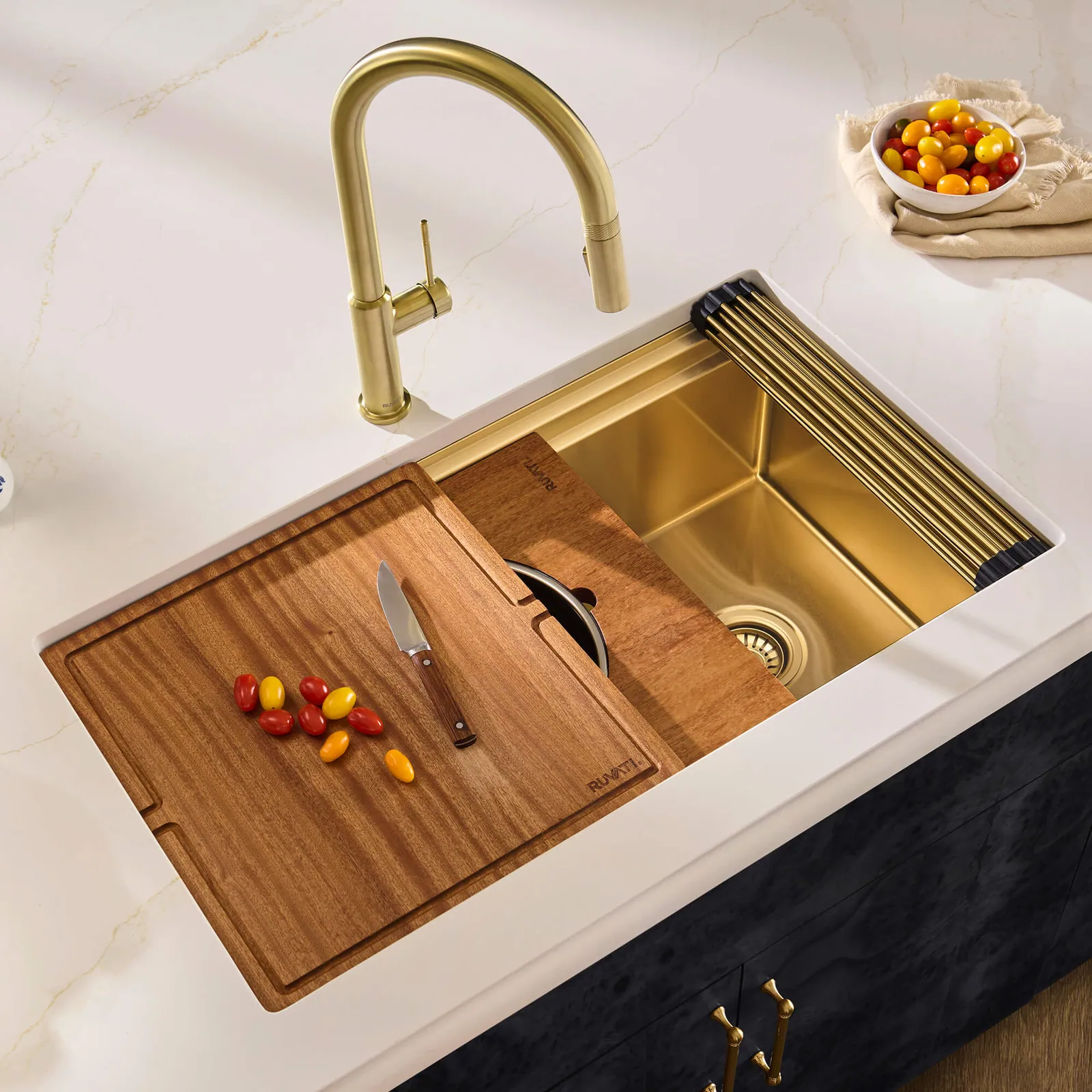 Ruvati 33-inch Matte Gold Stainless Steel Workstation Two-Tiered Ledge Undermount Kitchen Sink