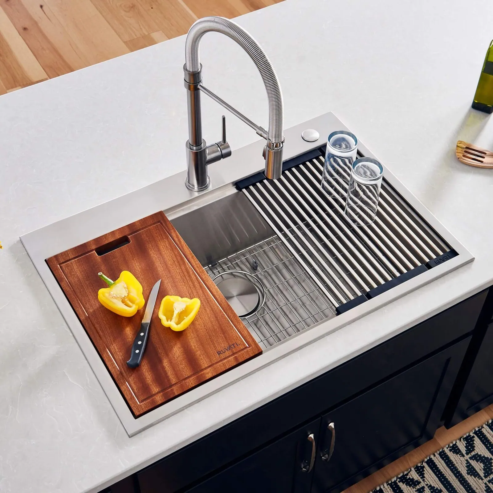 Ruvati 33 x 22 inch Workstation Ledge Drop-in 16 Gauge Rounded Corners Stainless Steel Kitchen Sink Single Bowl