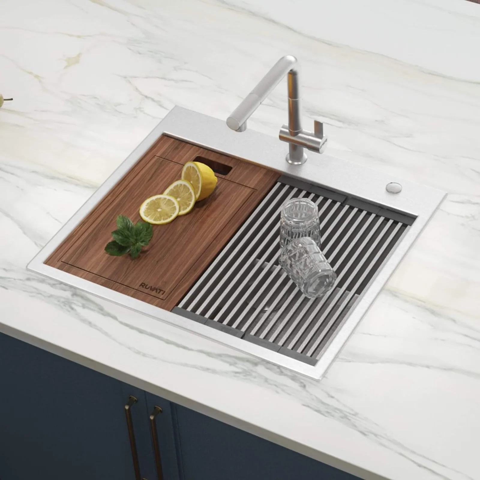 Ruvati 25 x 22 inch Workstation Drop-in Topmount 16 Gauge Stainless Steel Rounded Corners Ledge Kitchen Sink Single Bowl