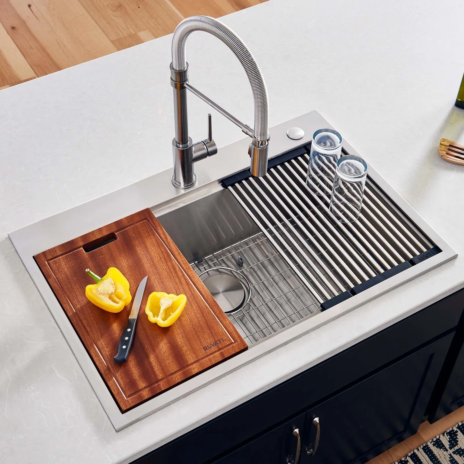 Ruvati 30 x 22 inch Workstation Drop-in Topmount Rounded Corners 16 Gauge Ledge Stainless Steel Kitchen Sink Single Bowl