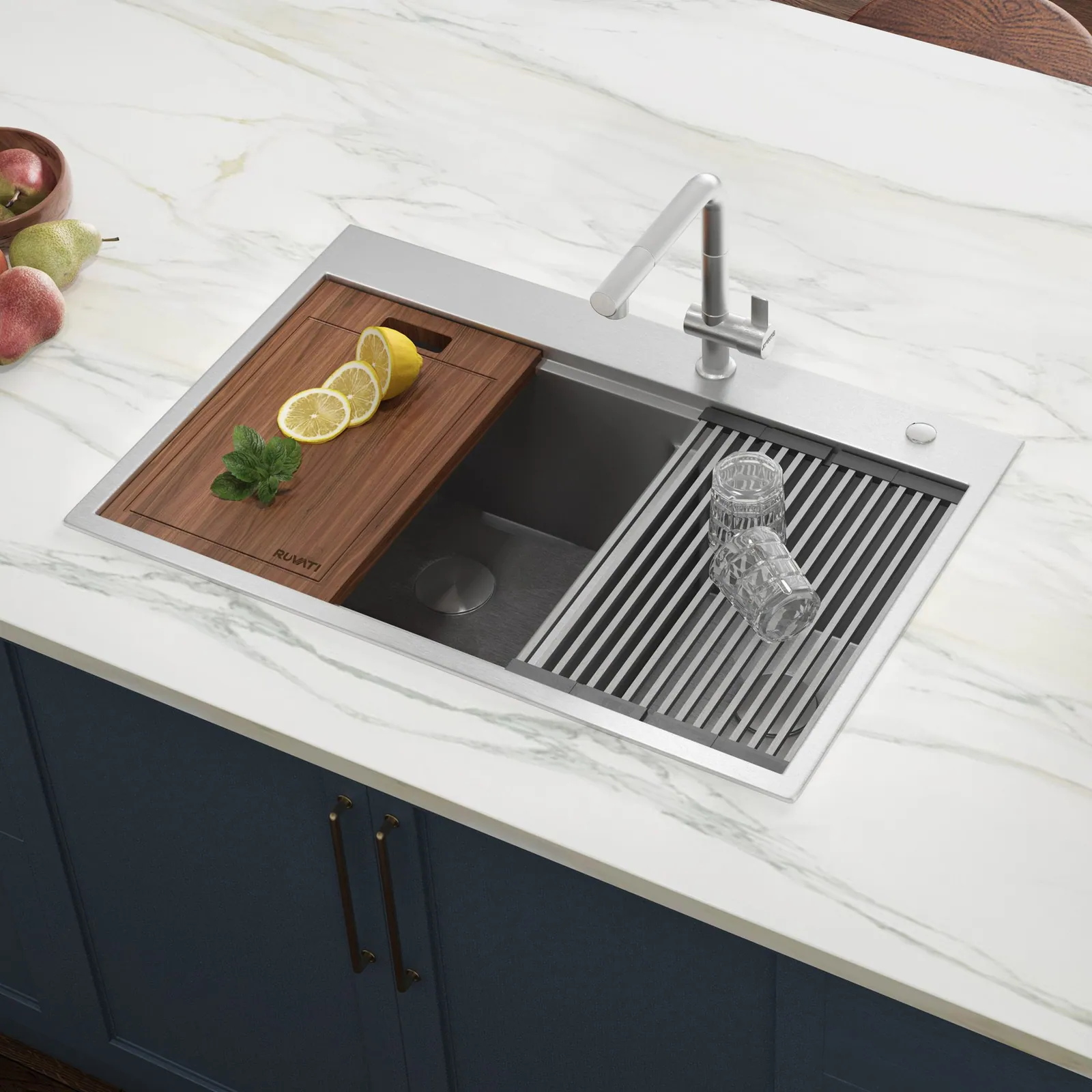 Ruvati 33 x 22 inch Workstation Drop-in 60/40 Double Bowl Topmount Rounded Corners 16 Gauge Stainless Steel Ledge Kitchen Sink