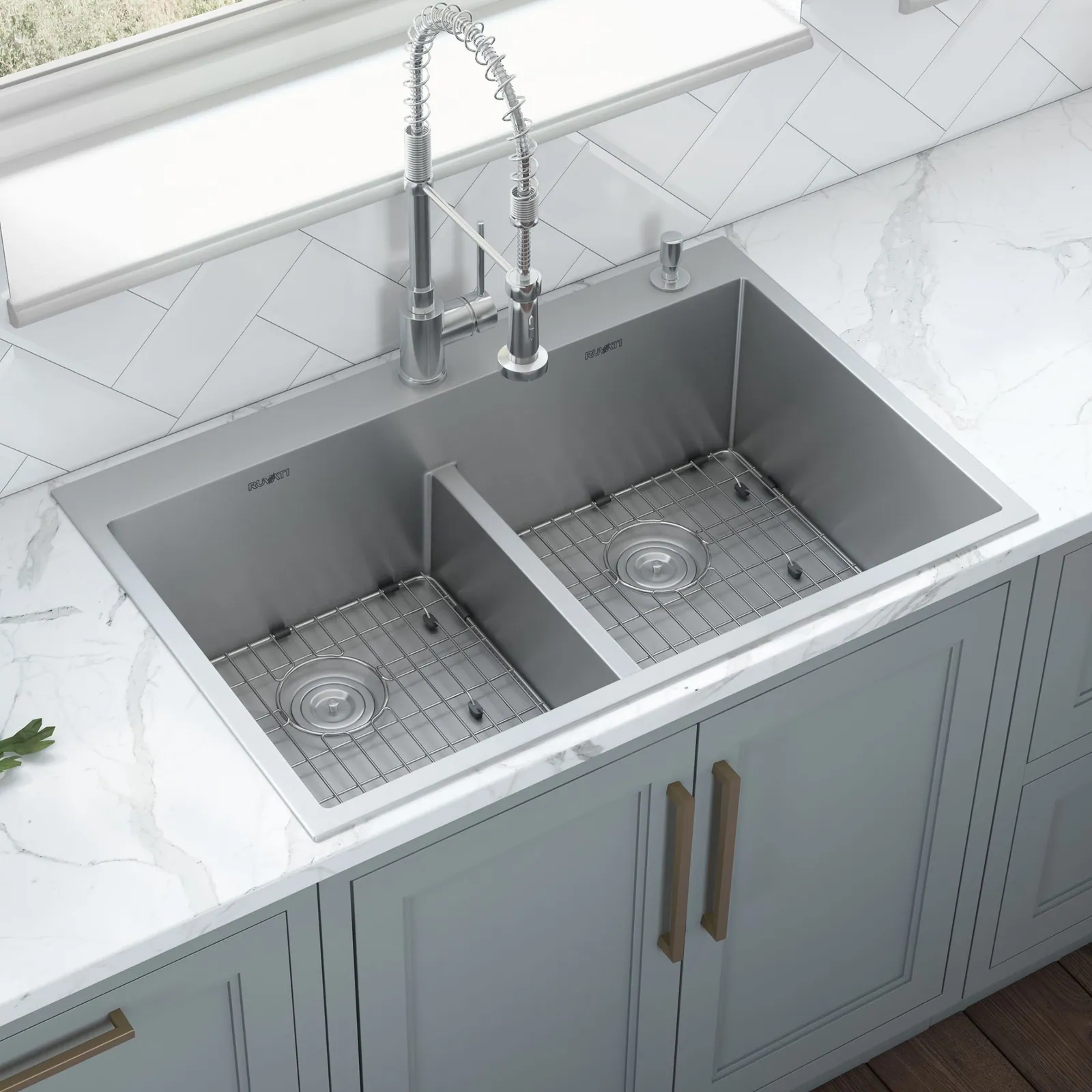 Ruvati 33 x 22 inch Drop-in 50/50 Double Bowl Rounded Corners 16 Gauge Topmount Stainless Steel Kitchen Sink