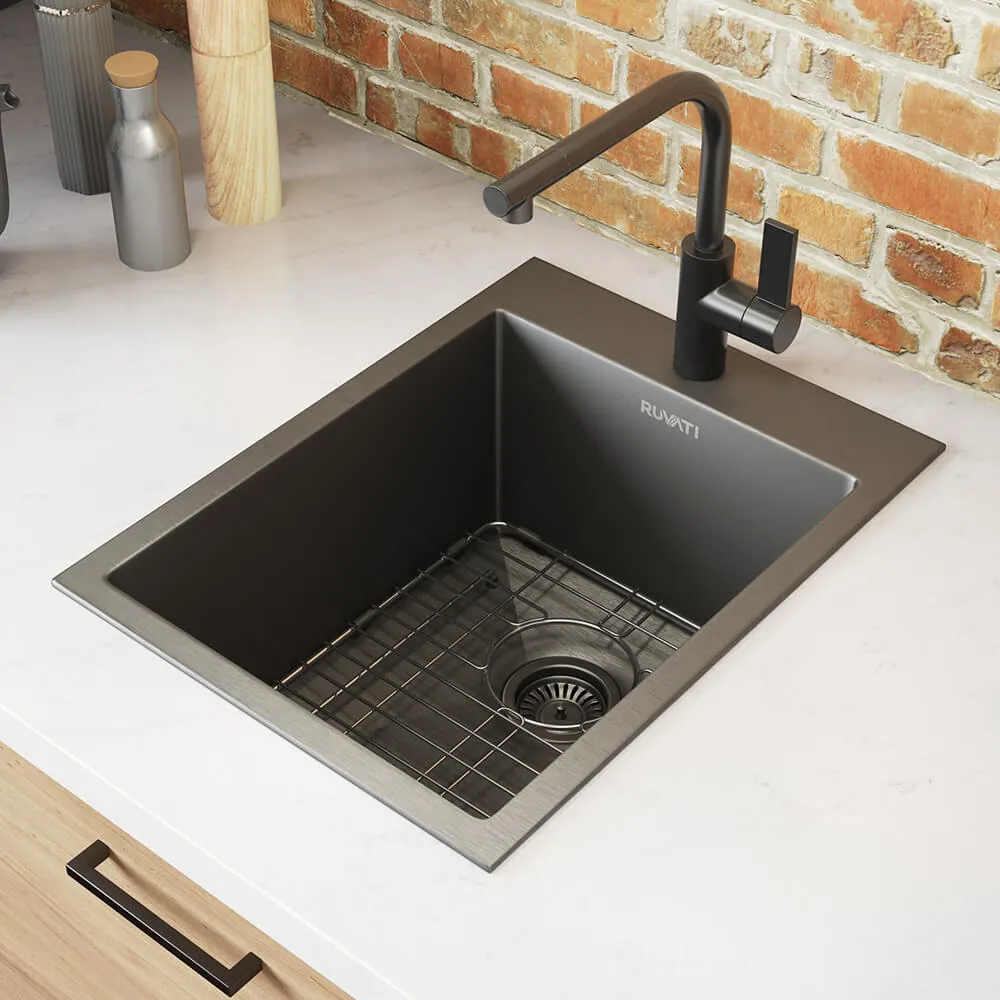 Ruvati 15 x 20 inch Gunmetal Black Stainless Steel Drop-in Topmount Bar Prep Sink Single Bowl
