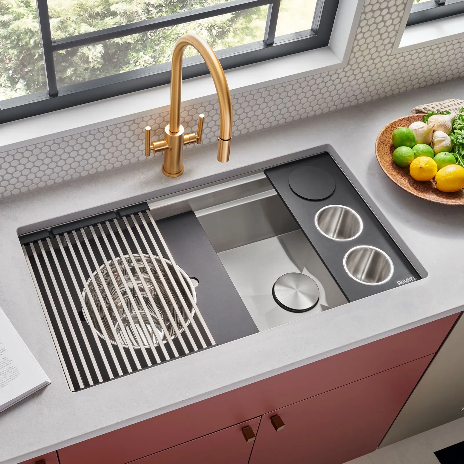 Ruvati 33-inch Workstation Dual Tier Nova Double Bowl Low Divide Undermount Stainless Steel Kitchen Sink