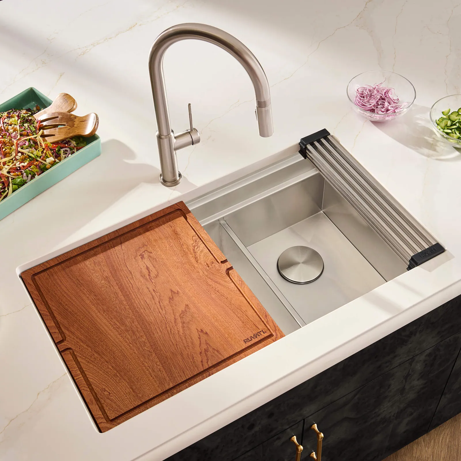 Ruvati 33-inch Workstation Dual Tier Double Bowl Low Divide Undermount 16 Gauge Stainless Steel Kitchen Sink