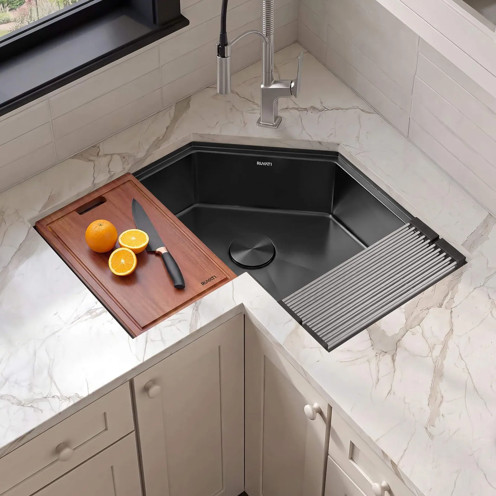 Ruvati Roma Pro Corner Workstation Gunmetal Black Stainless Steel Undermount Kitchen Sink