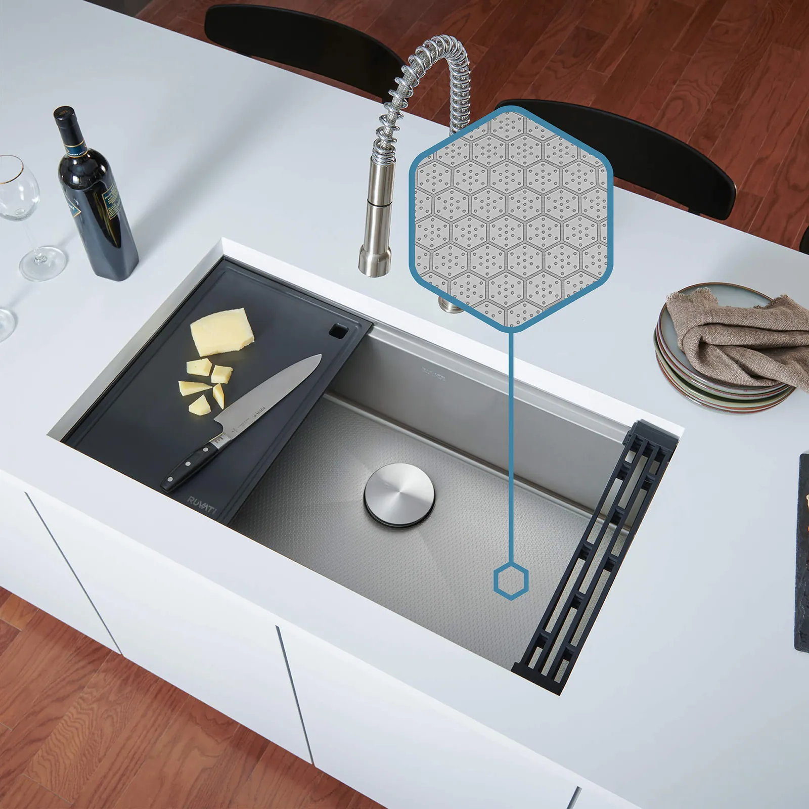 Ruvati® HexBottom™ 30-inch Workstation Scratch Resistant Embossed Texture Kitchen Sink Stainless Steel