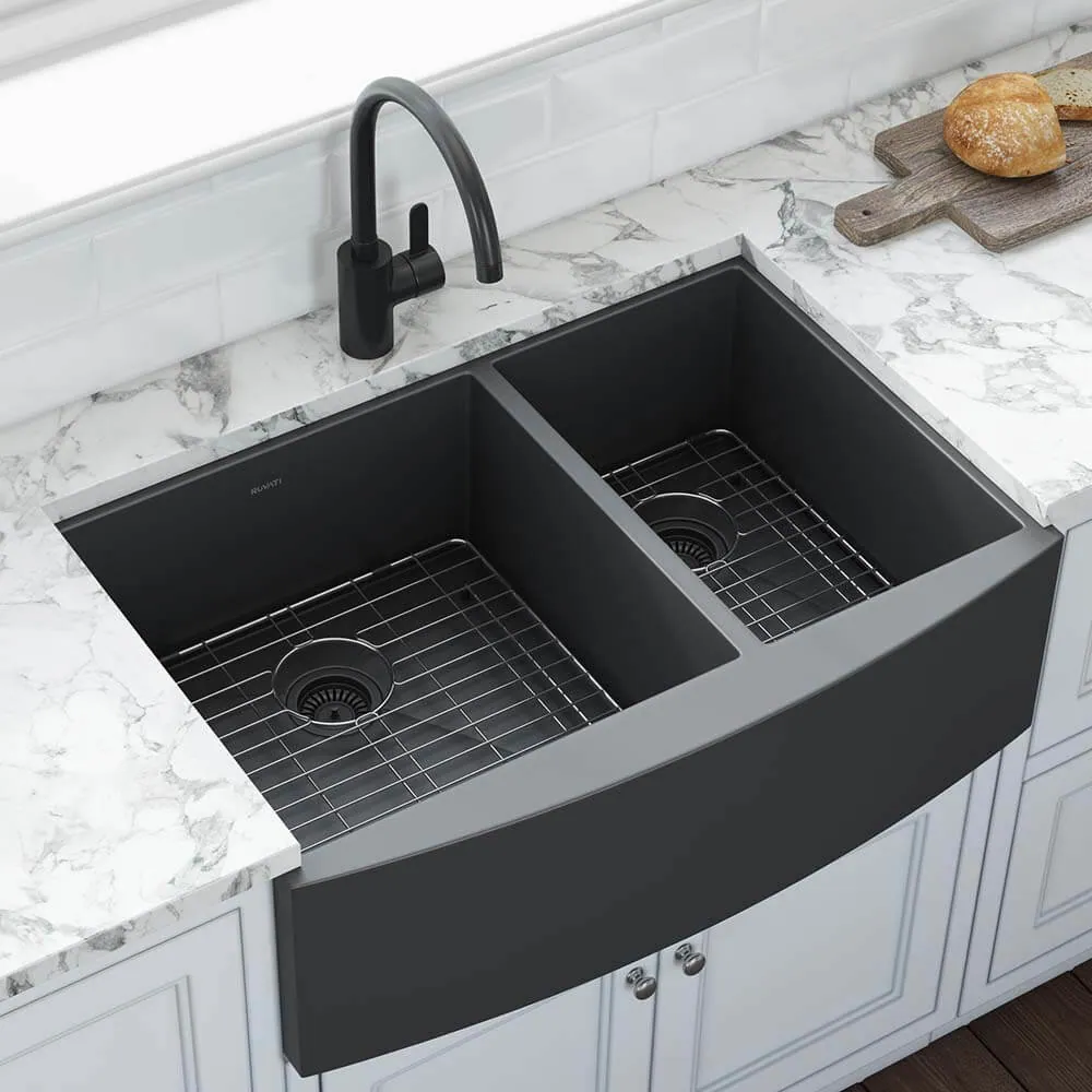 Ruvati 33-inch Gunmetal Black Stainless Steel 60/40 Double Bowl Apron-Front Farmhouse Kitchen Sink