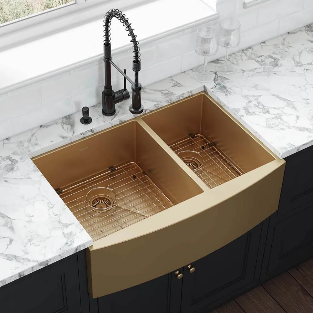 Ruvati 33-inch Satin Matte Gold Stainless Steel 60/40 Double Bowl Apron-Front Farmhouse Kitchen Sink