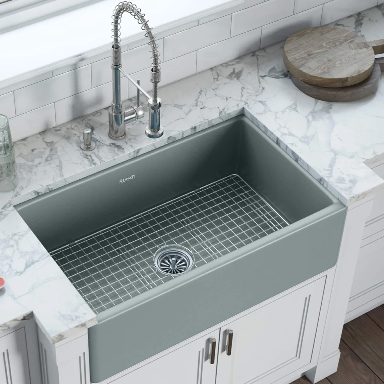 Ruvati 30 x 20 inch Fireclay Reversible Farmhouse Apron-Front Kitchen Sink Single Bowl – Horizon Gray