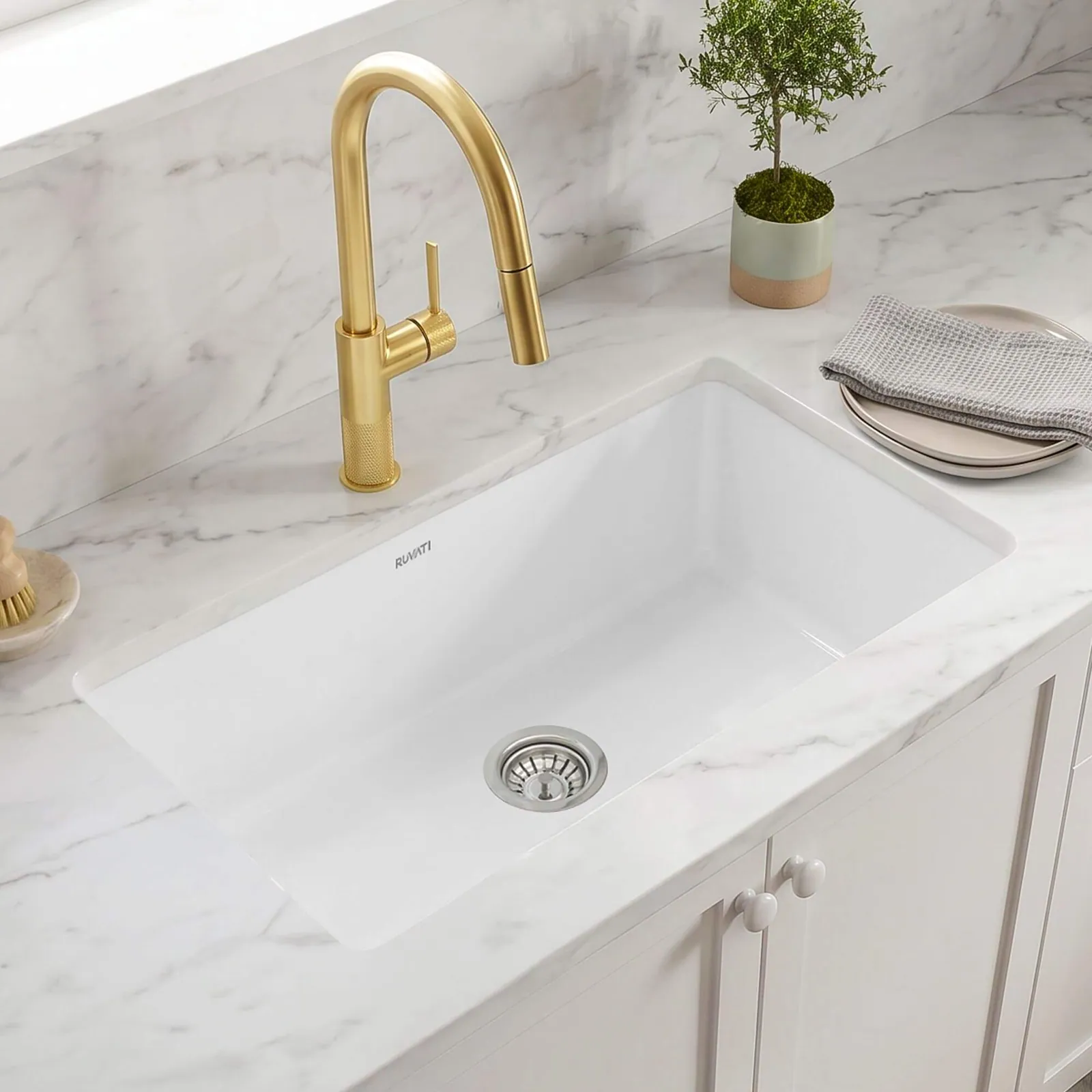 Ruvati 34 inch Fireclay Undermount Kitchen Sink Single Bowl Farmhouse Glossy White
