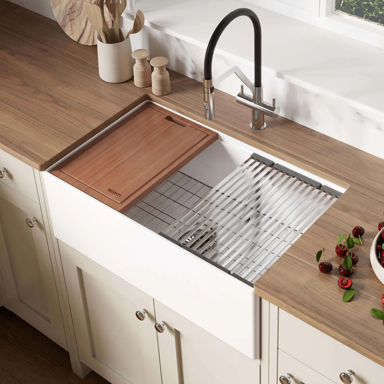 Ruvati 30 inch Fireclay Workstation White Farmhouse Kitchen Sink Apron Front Single Bowl