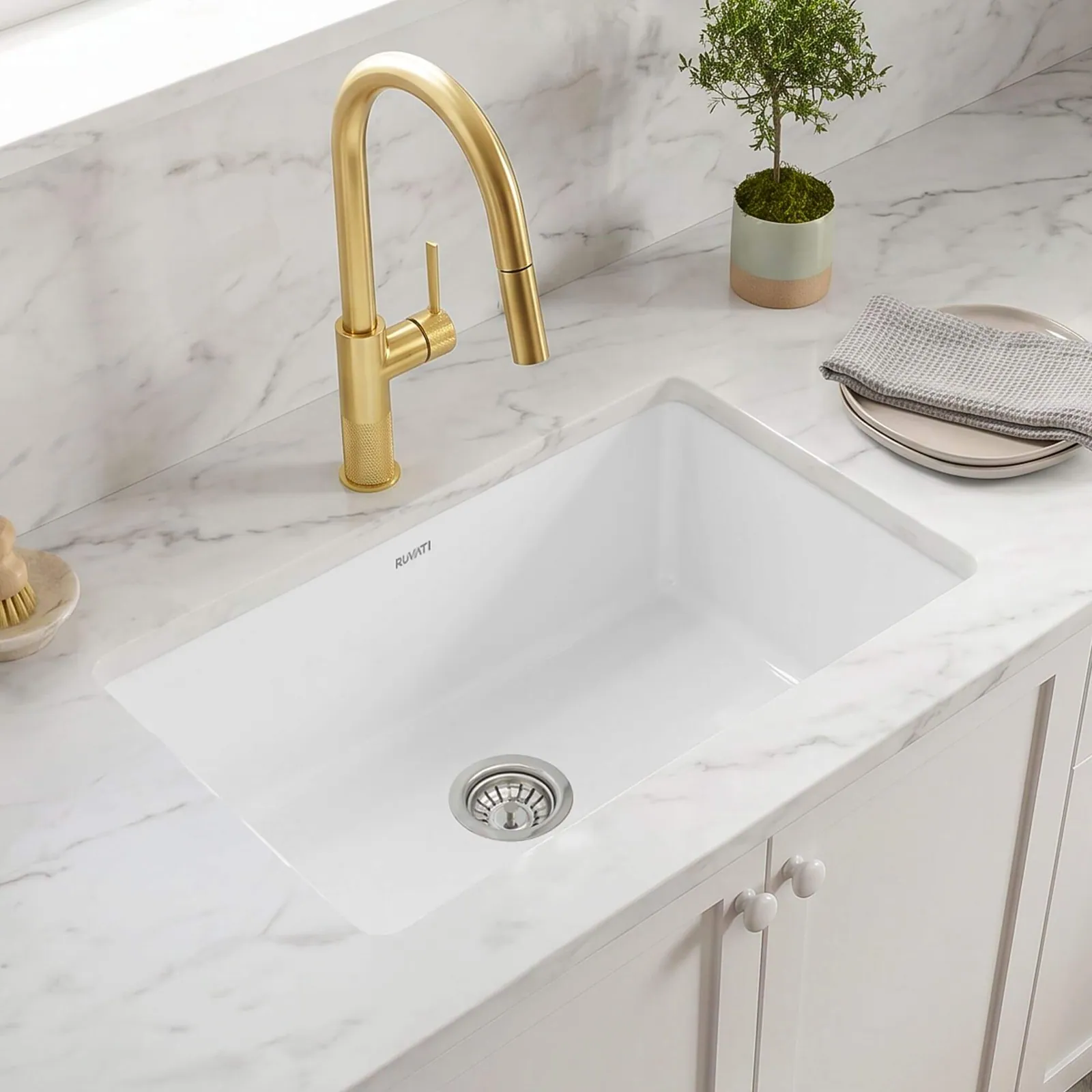 Ruvati 28 inch White Fireclay Undermount Kitchen Sink Single Bowl Glossy Farmhouse Style