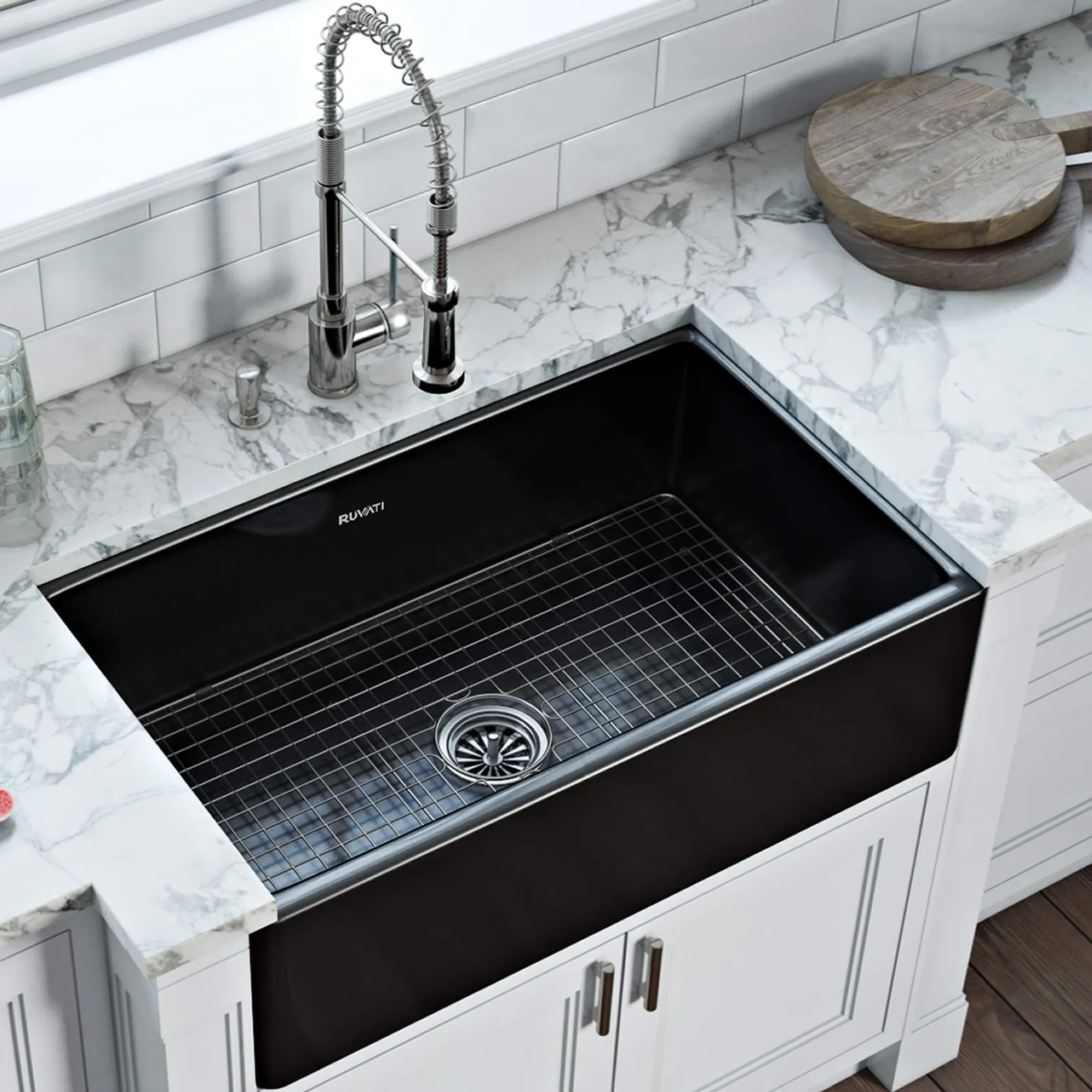 Ruvati 33 x 20 inch Fireclay Reversible Farmhouse Apron-Front Kitchen Sink Single Bowl – Glossy Black