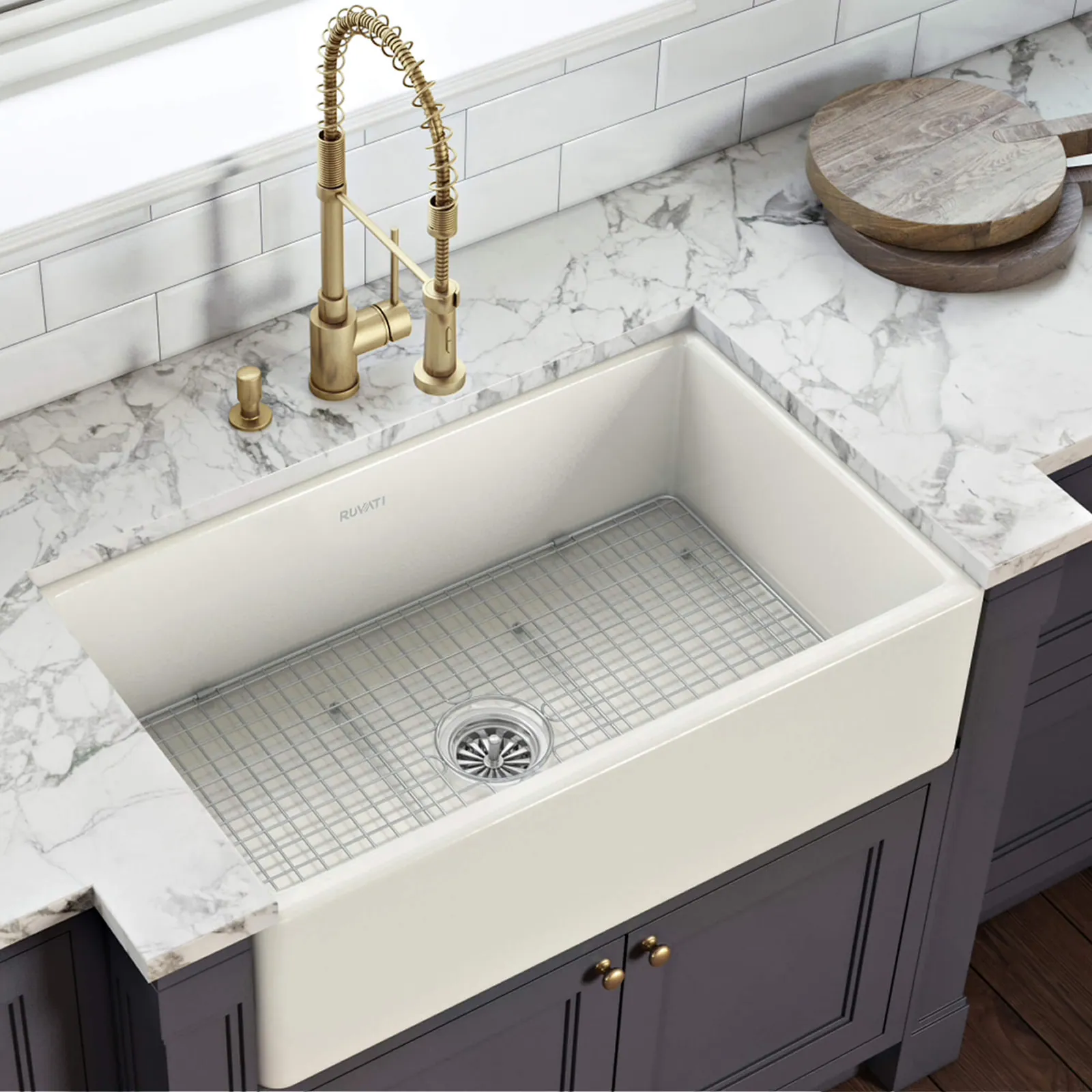 Ruvati 33 x 20 inch Fireclay Reversible Farmhouse Apron-Front Kitchen Sink Single Bowl – Biscuit