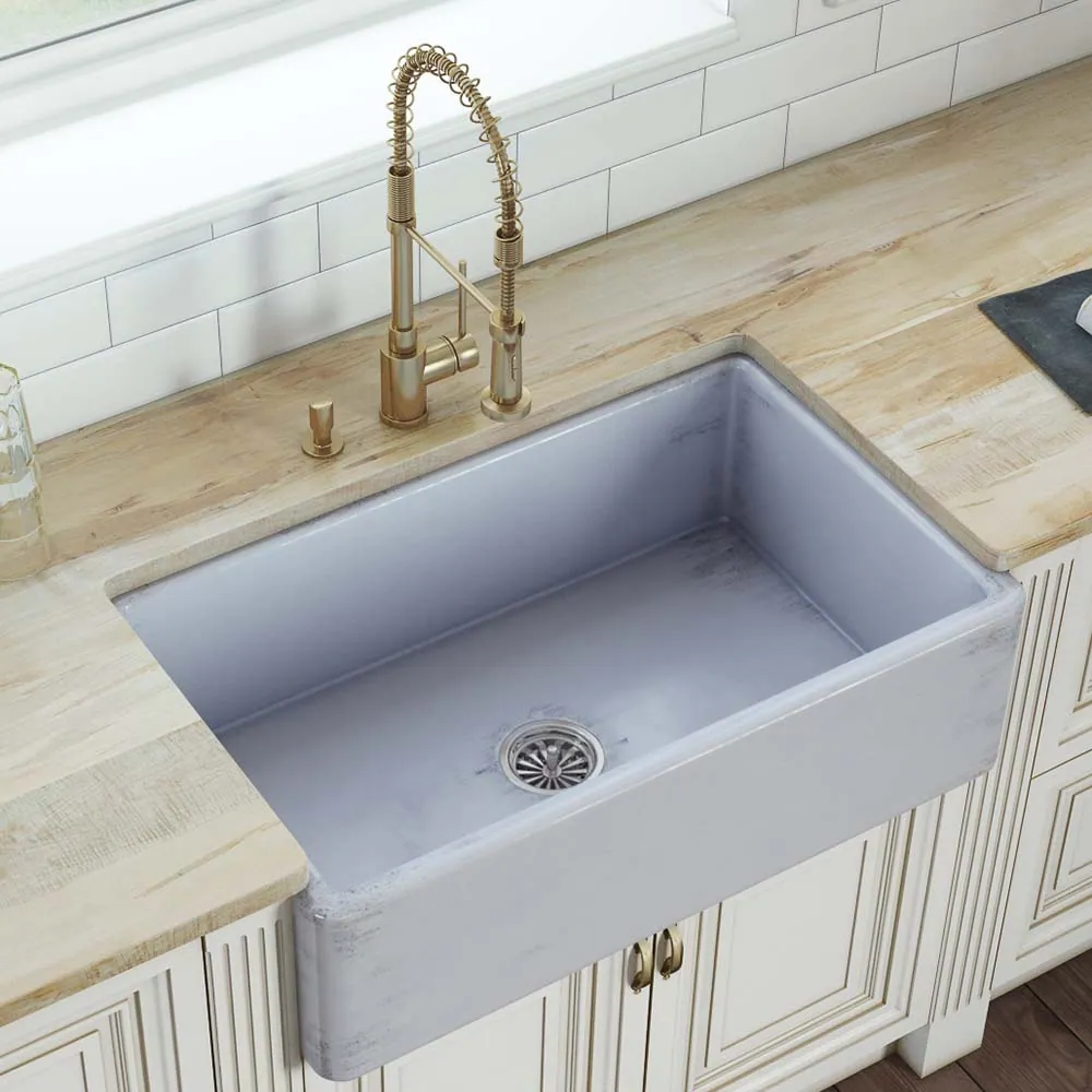 Ruvati 33 inch Fireclay Distressed Finish Farmhouse Apron-Front Kitchen Sink Reversible – Coastal Blue