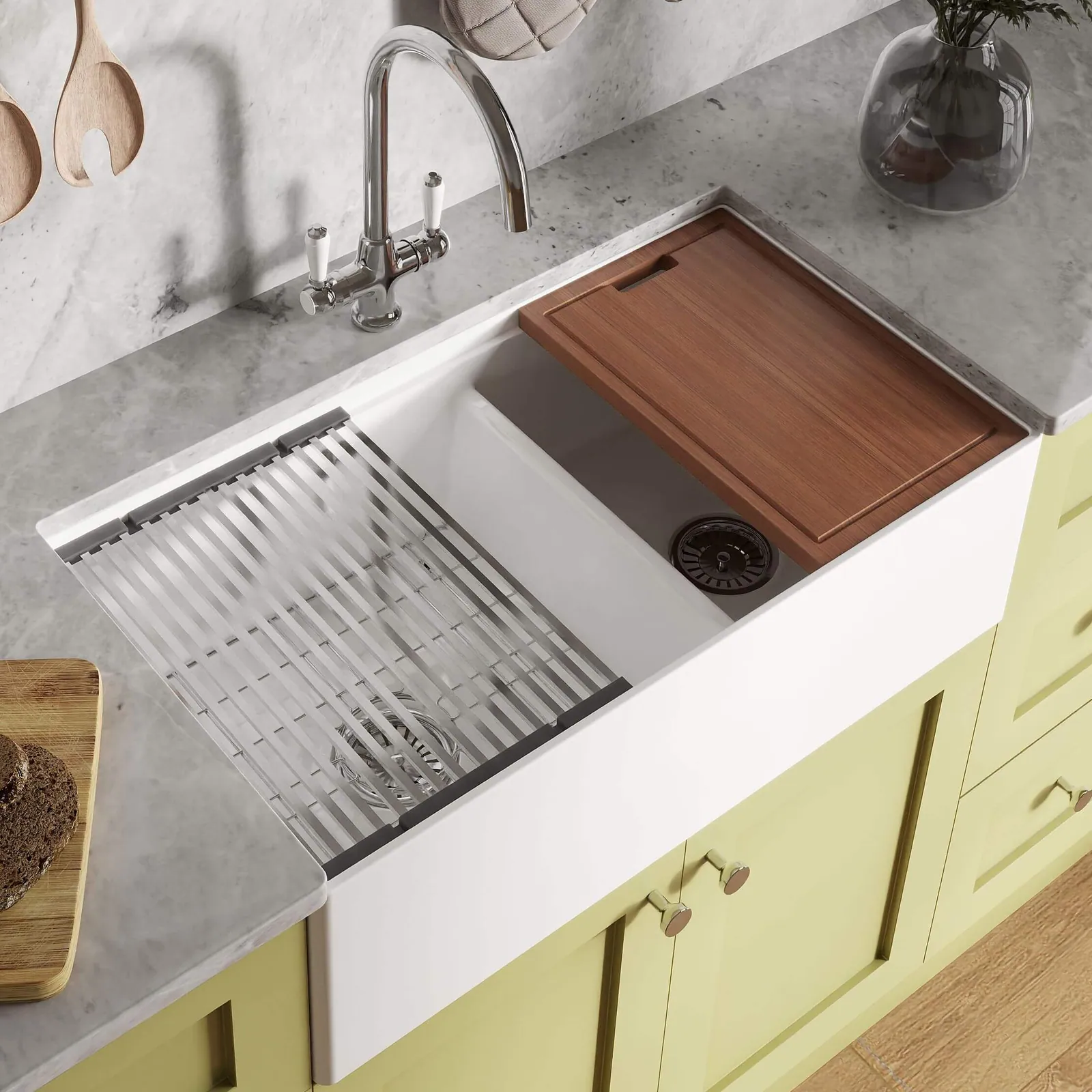 Ruvati 33 inch Fireclay Workstation White Farmhouse Kitchen Sink Apron Front Double Bowl